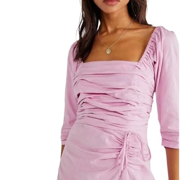 FREE PEOPLE Looking Stunning Midi Dress Pink Ruched Low Back Slit Hem Women's XS - Picture 4 of 15